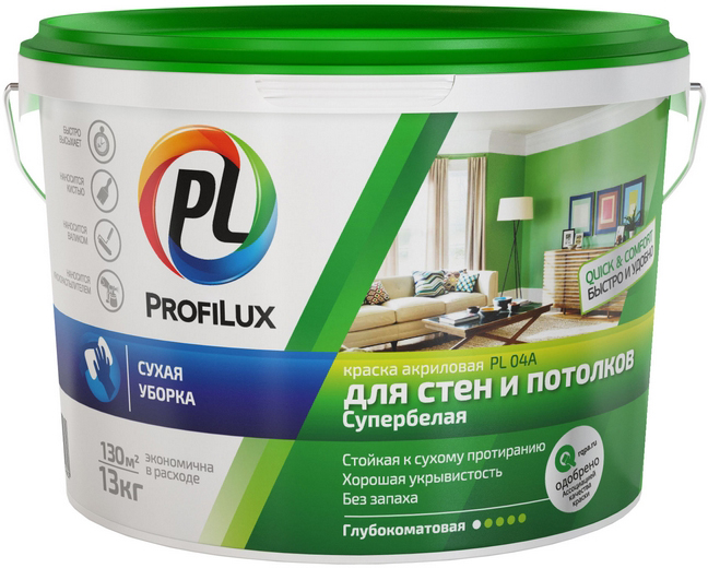 ВД краска PL- 04А акриловая для стен и потолков белая (зелёная эт.) PROFILUX