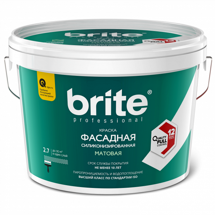 Краска BRITE PROFESSIONAL фасадная силиконизированная белая матовая база А, ведро 9 л