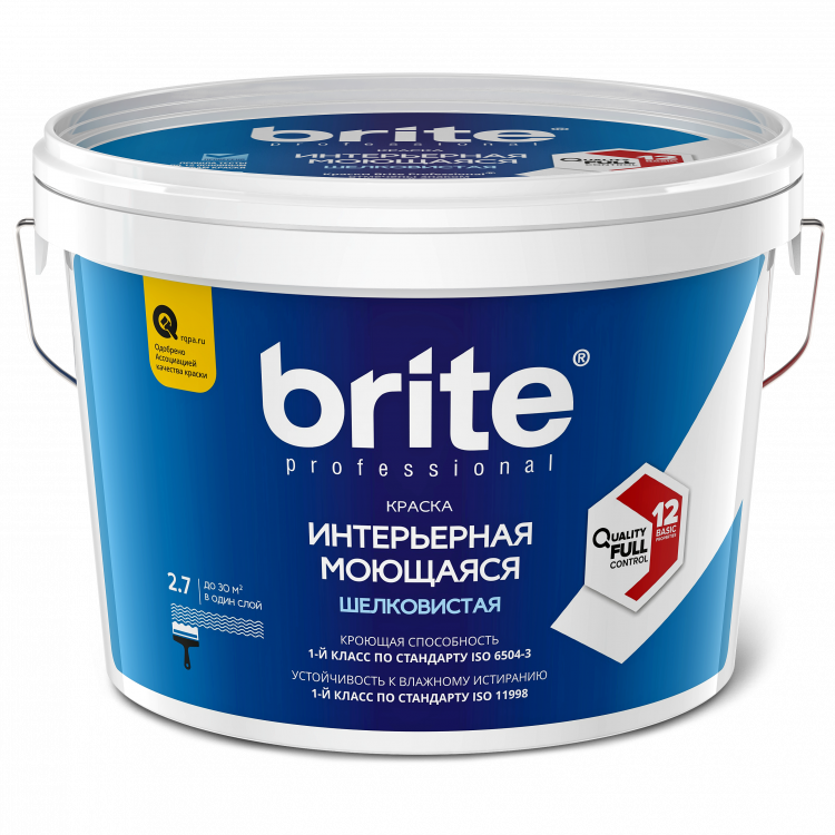 Краска BRITE PROFESSIONAL интерьерная моющаяся белая шелковистая база А, банка 0,9 л