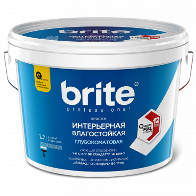 Краска BRITE PROFESSIONAL интерьерная влагостойкая белая глубокоматовая база А, ведро 2,7 л