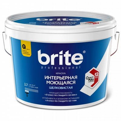 Краска BRITE PROFESSIONAL интерьерная моющаяся белая шелковистая база А, ведро 9 л