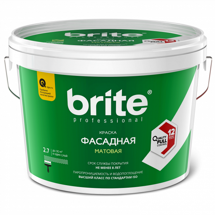 Краска BRITE PROFESSIONAL фасадная белая матовая база А, ведро 2,7 л