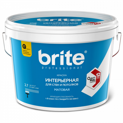 Краска BRITE PROFESSIONAL для стен и потолков матовая база А, банка 0,9 л